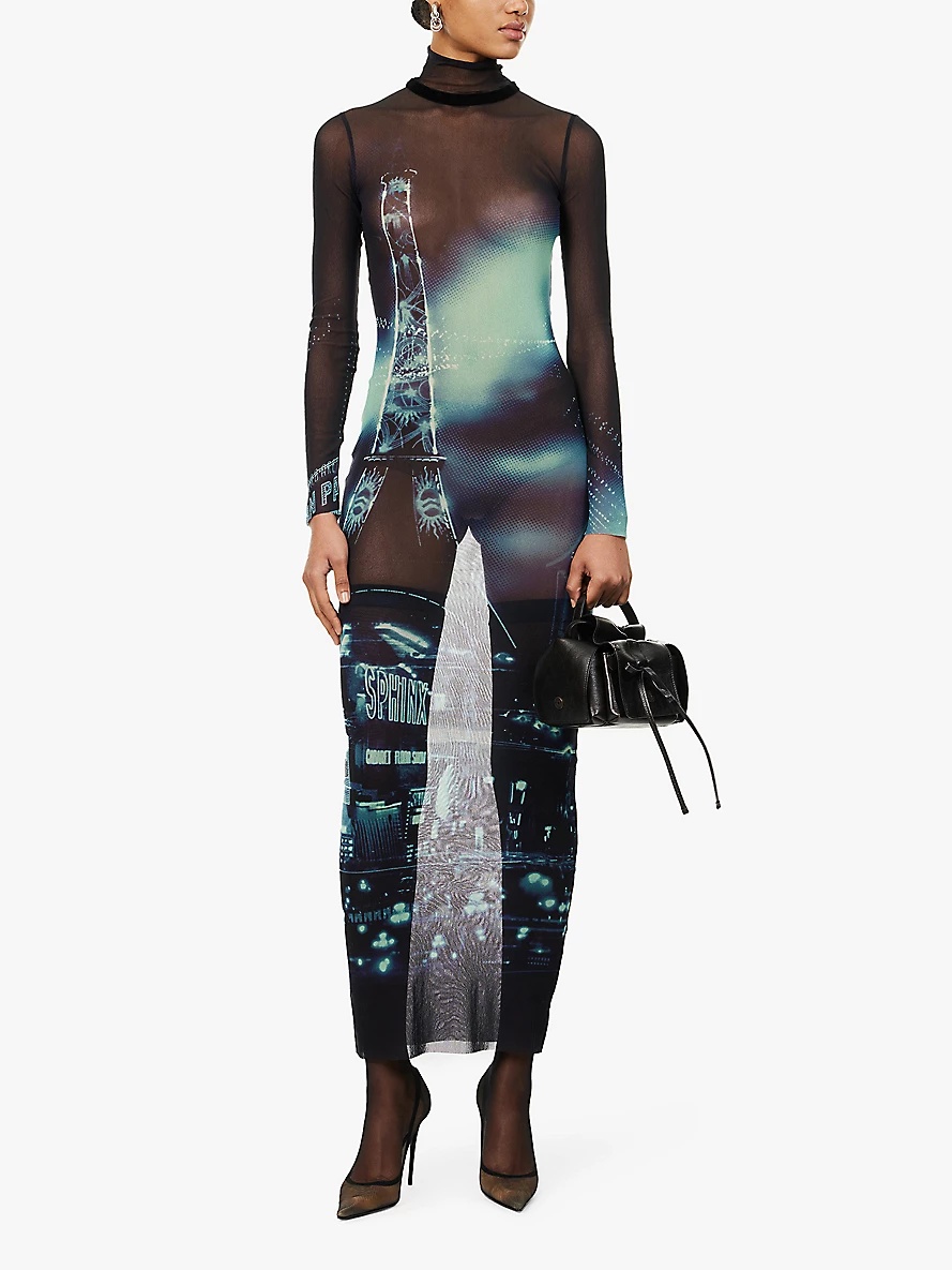 Graphic-print turtleneck mesh maxi dress - 2