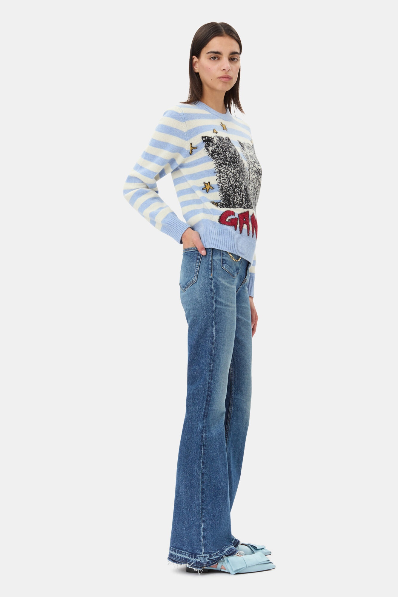 BLUE STRIPED GRAPHIC CAT SWEATER - 4