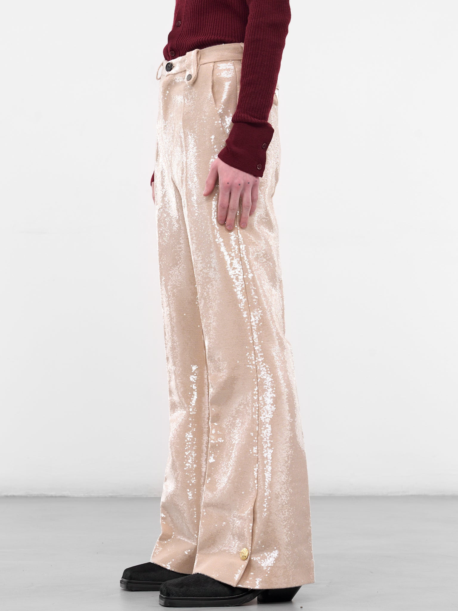 Beige Sequin Flared Trousers - 2