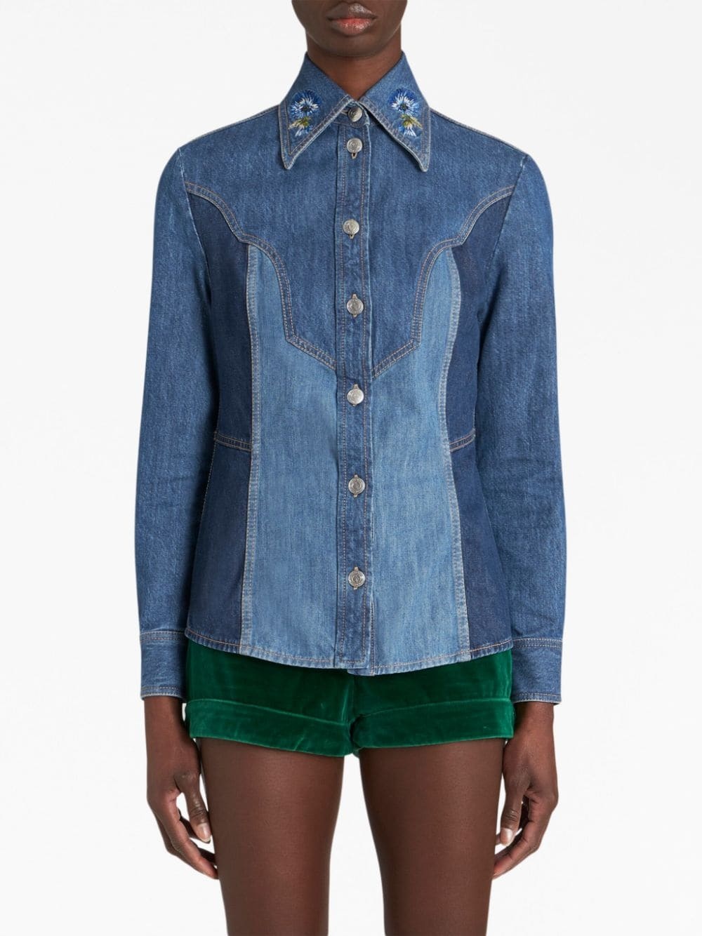 floral-embroidered denim shirt - 2