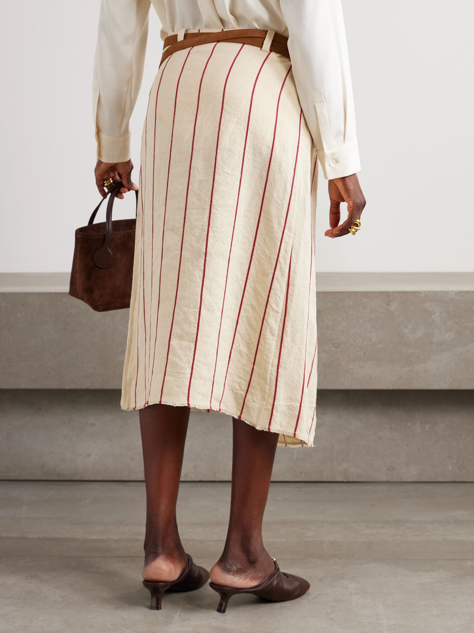 Pareo belted striped linen midi wrap skirt Cream - 3