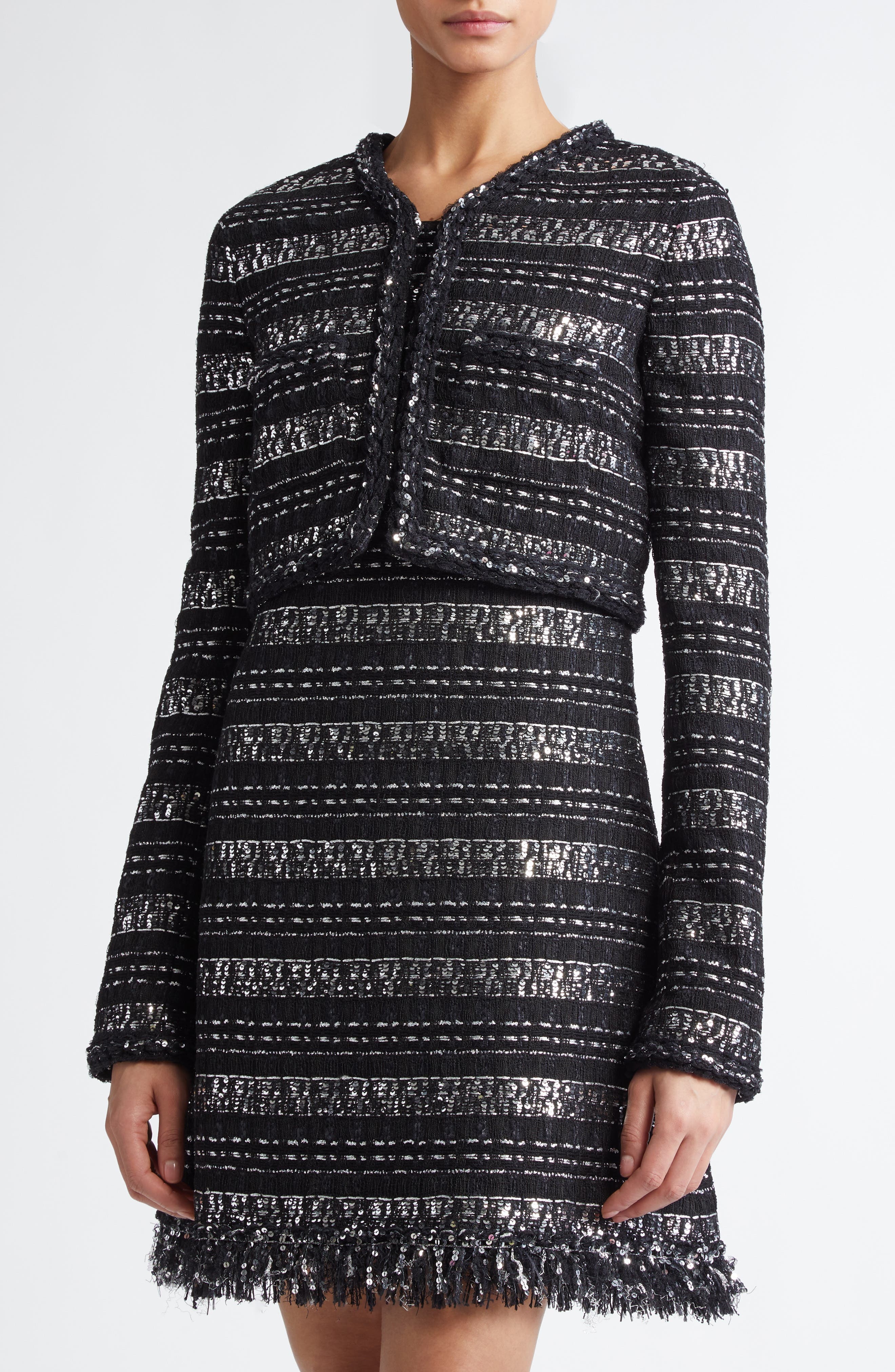 Giambattista Valli Sequin & Metallic Tweed Crop Jacket in Black/Silver at Nordstrom - 5