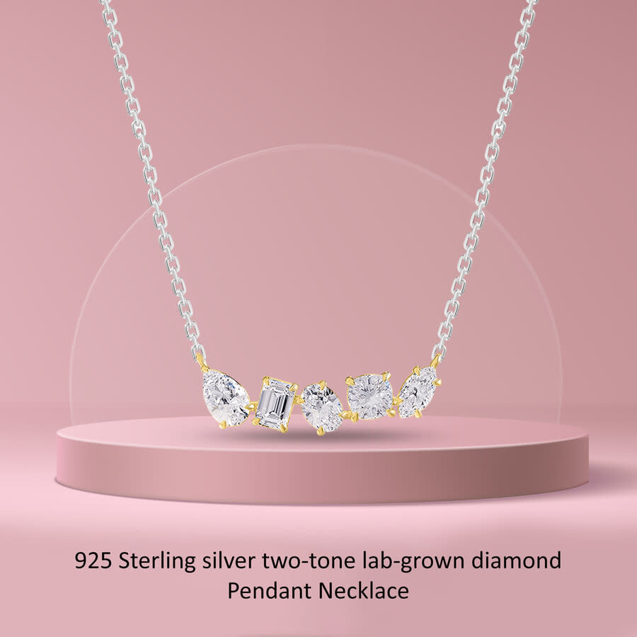 Diamond2Deal - Diamond2Deal 925 Sterling Silver Two-tone 2 Ct Multi Shape Lab Grown Diamond Pendant Necklace 18" VV - 4