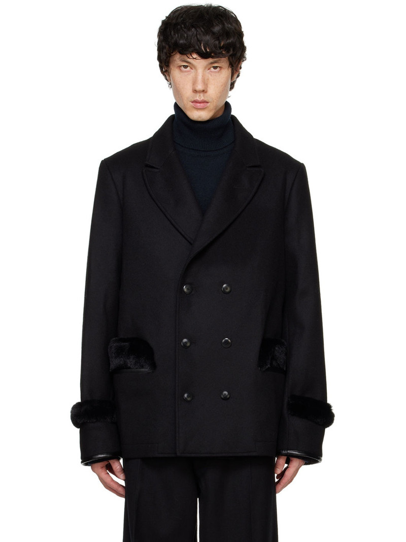 Black Wool & Faux-Fur Peacoat - 1
