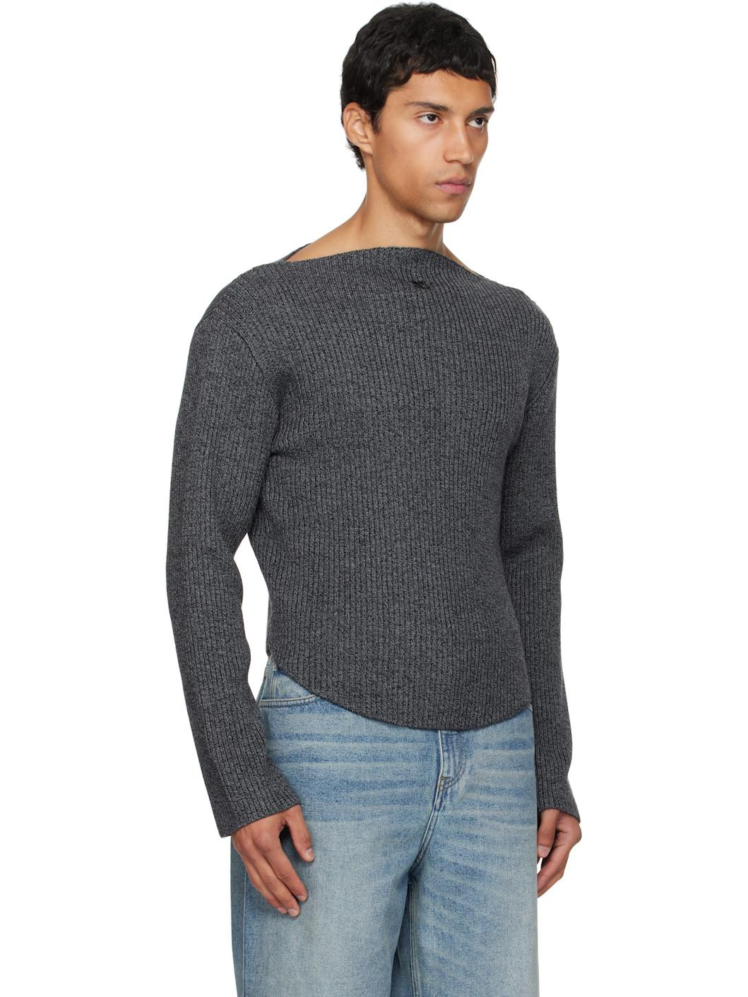 Gray Boatneck Ribbed Wool Sweater - 2