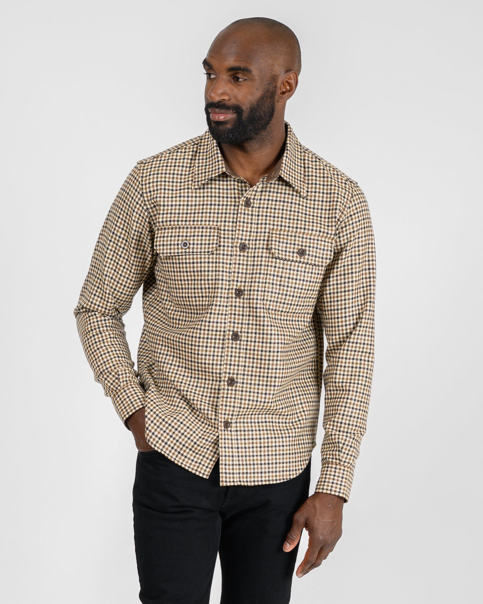 14OZ FOX BROTHERS® WOOL CPO SHIRT - SADDLE BROWN GUN CLUB TWILL FLANNEL - 2