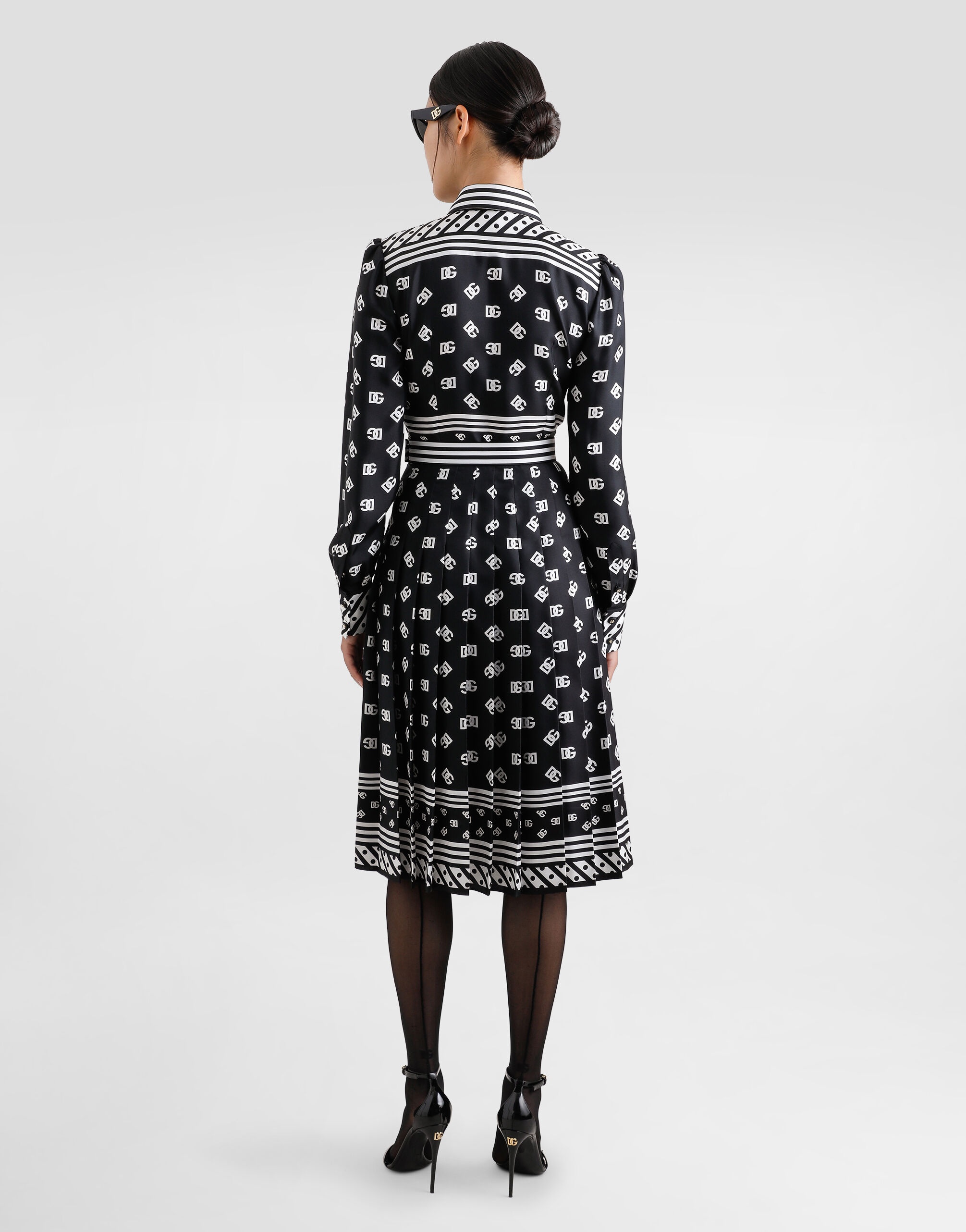 Twill calf-length shirt dress with all-over DG logo scarf print - 3