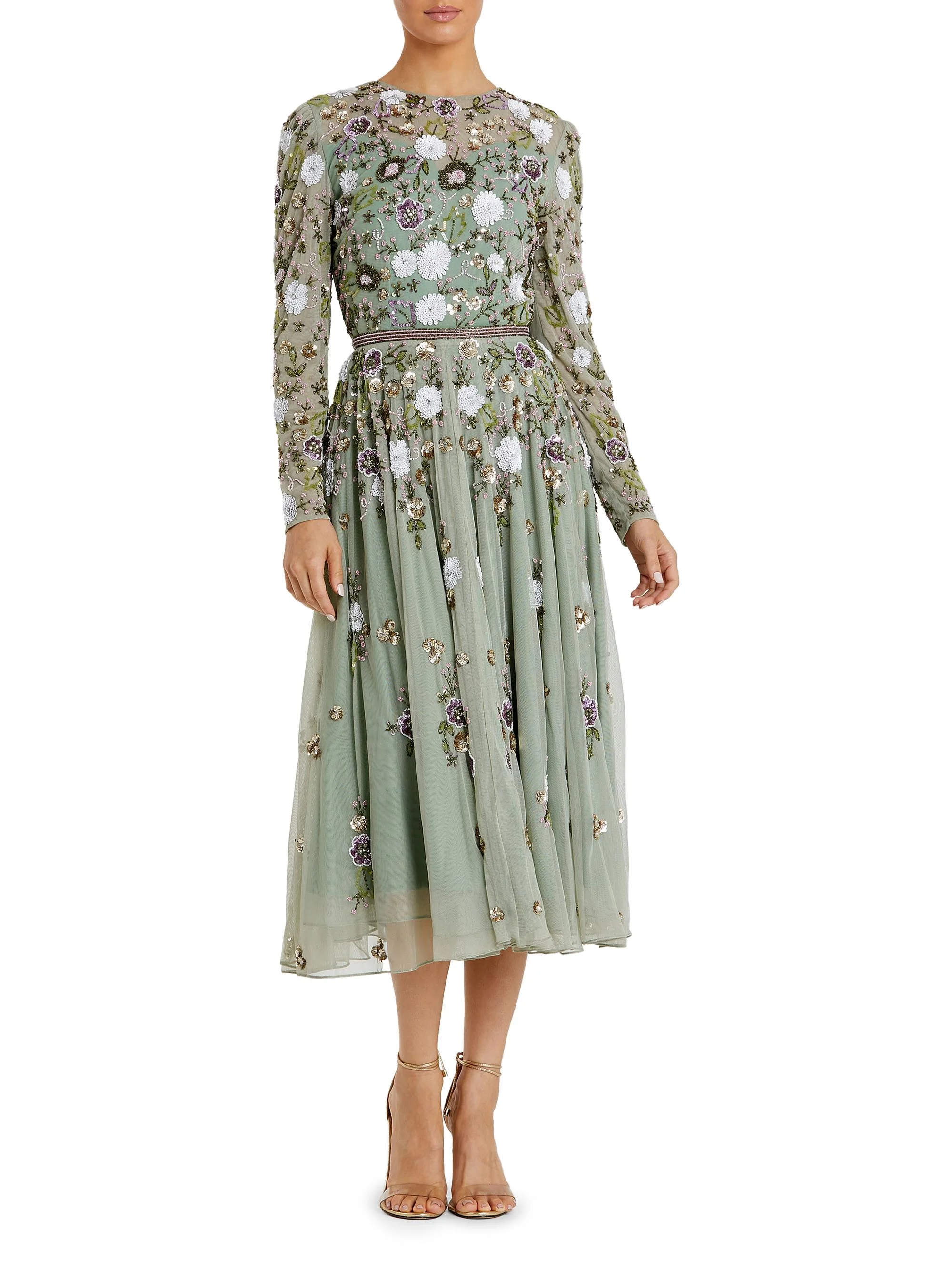 Women's Cocktail Floral Sequin Chiffon Fit & Flare Midi-Dress - Sage Multi - 1