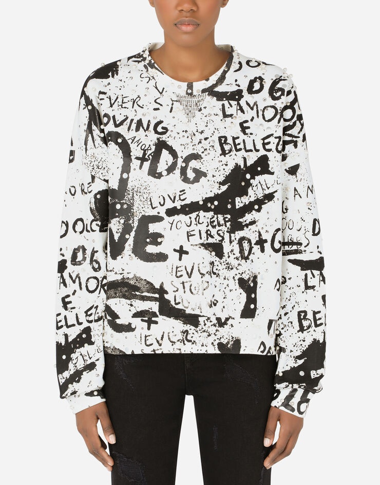 Jersey sweatshirt with DG graffiti print with pearl and stud embellishment - 1