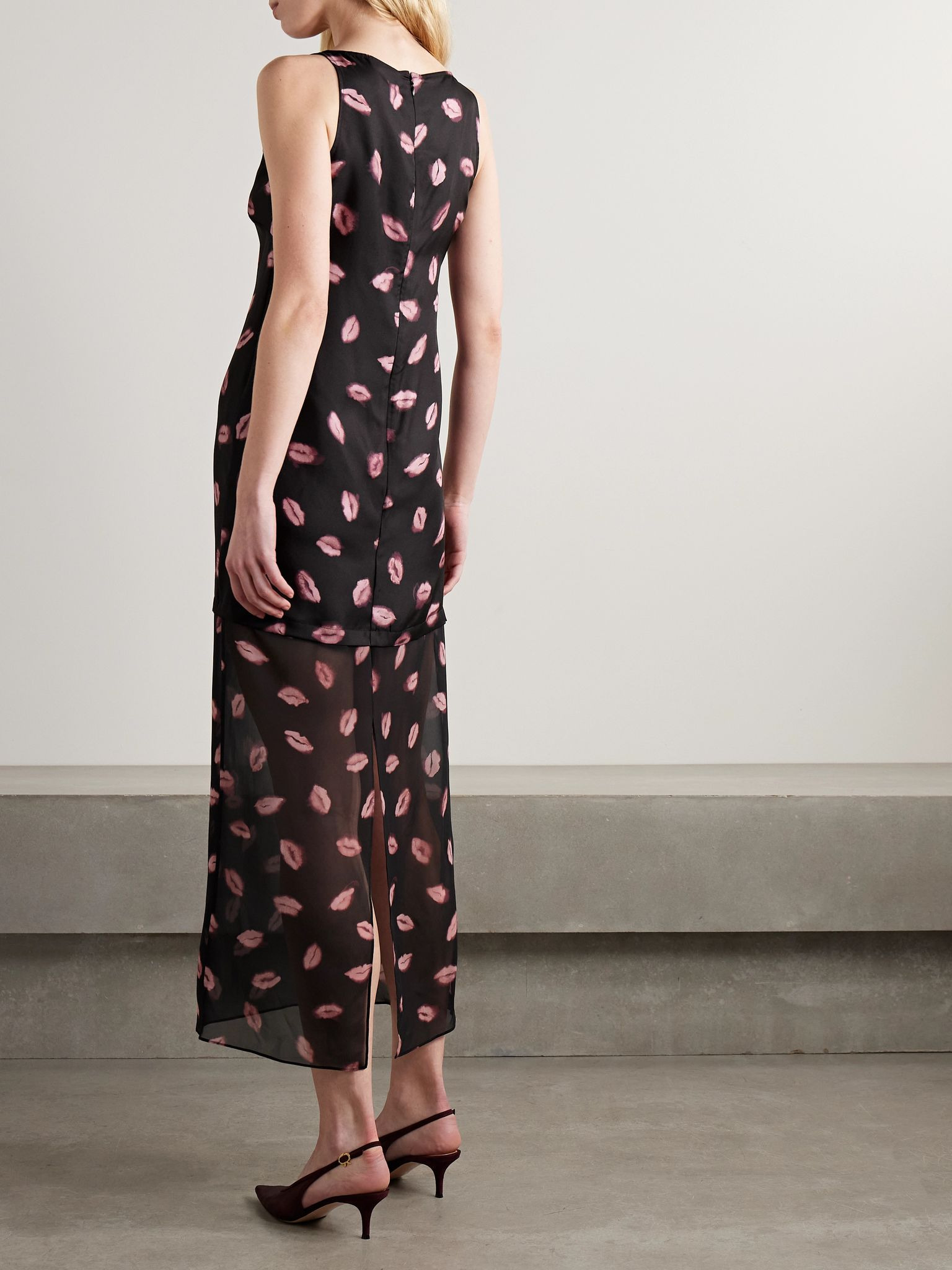 Katrin layered printed silk-twill and chiffon midi dress Black - 3
