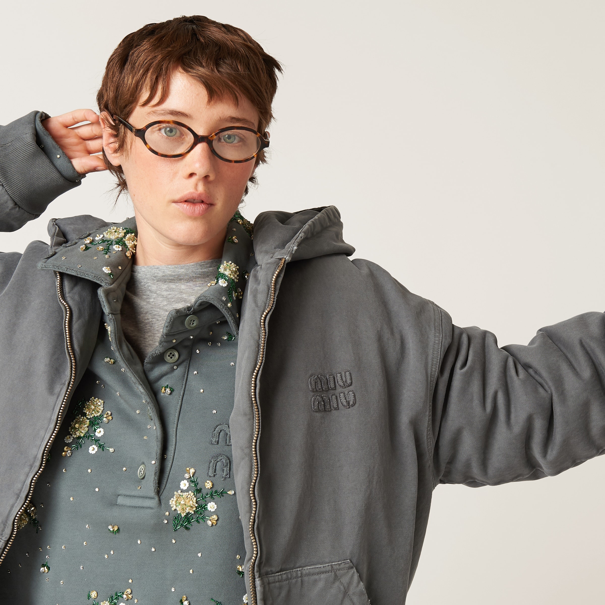 Miu Miu Garment-dyed blouson jacket with embroidered logo | REVERSIBLE