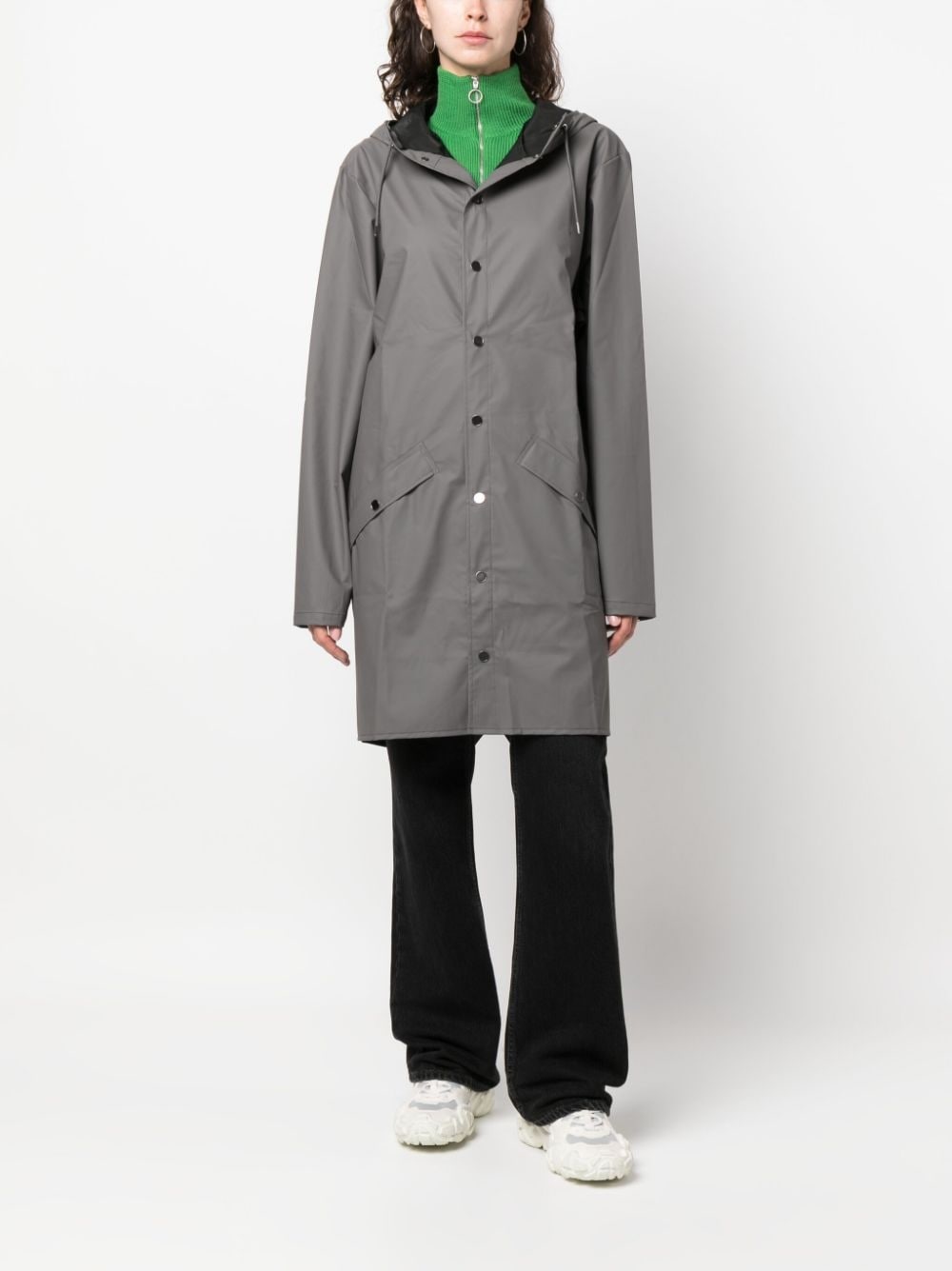 hooded stud-fastening raincoat - 3