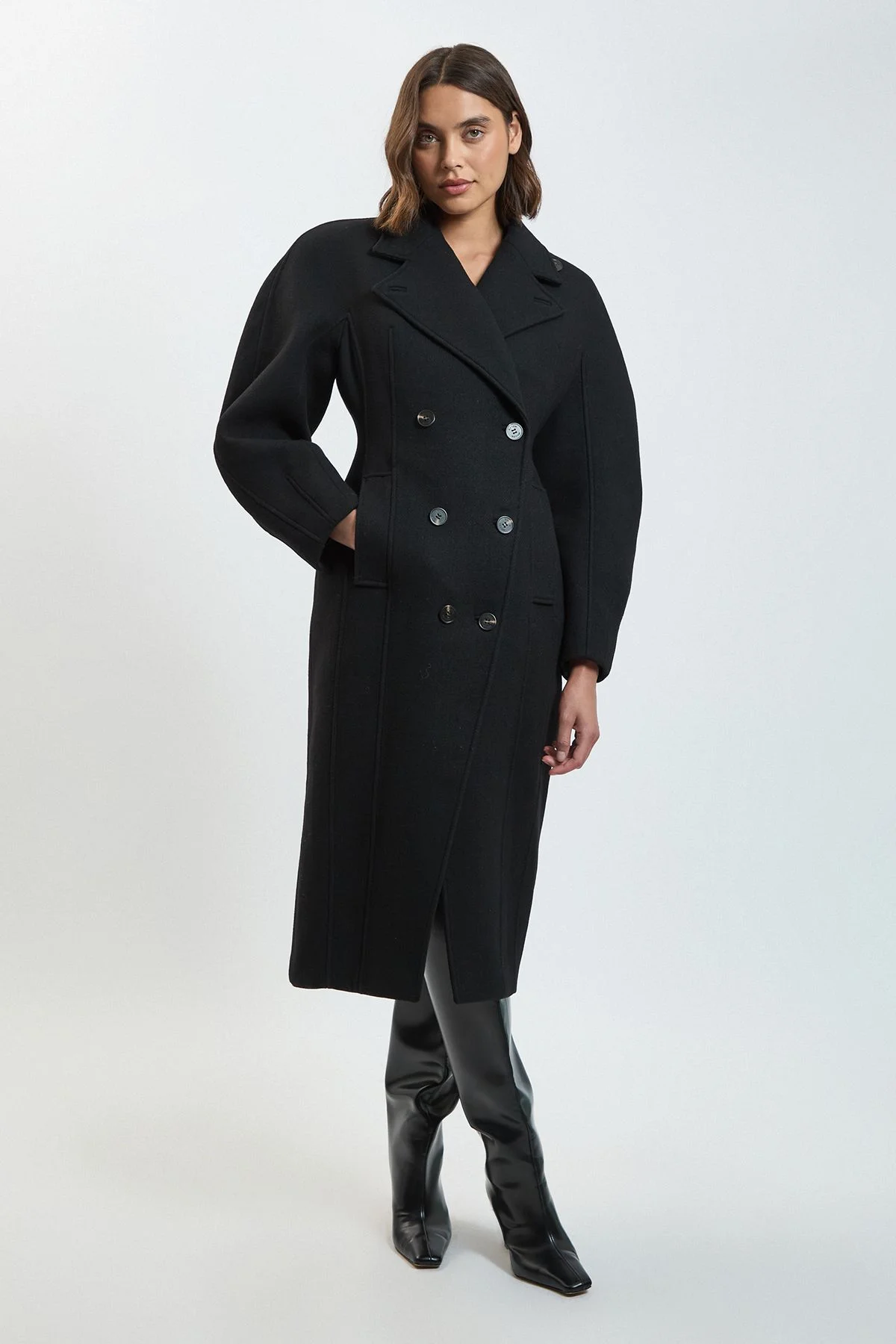 Wool Rounded Sleeve Tailored Midi Coat - 1