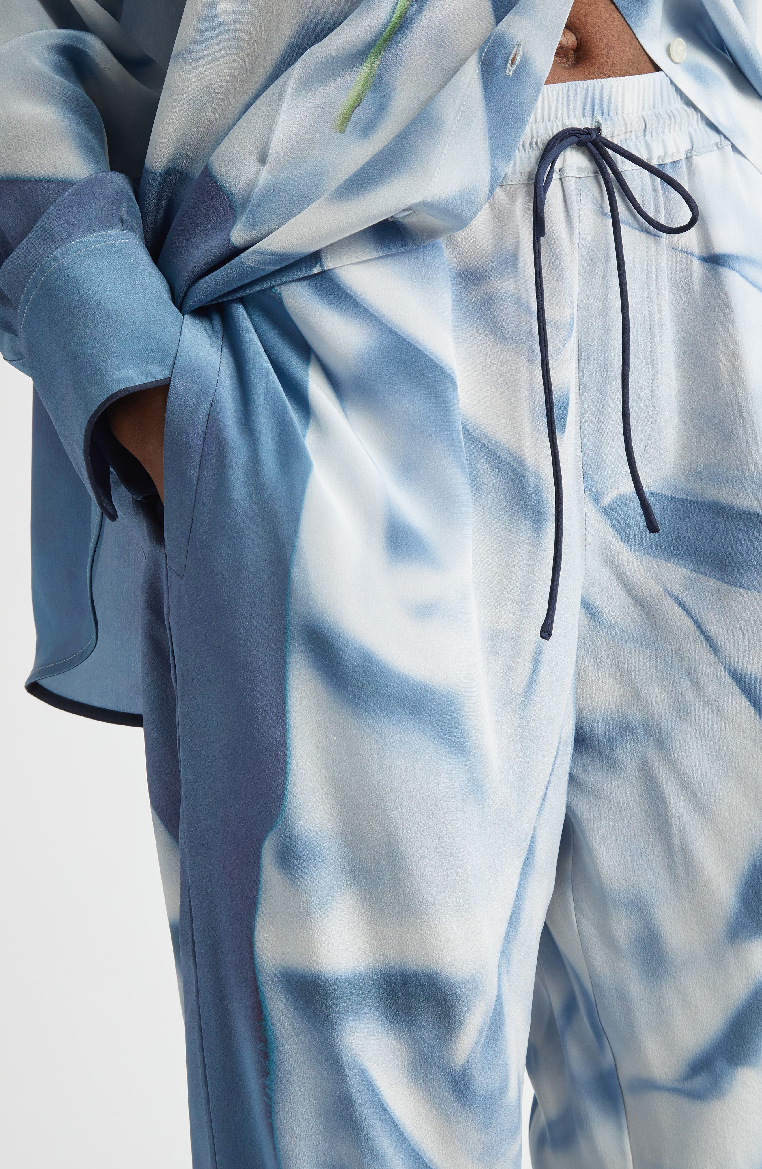 Victoria Beckham Pleat Detail & Flowers Trompe l'Oeil Silk Satin Pants in Satin Flowers Ice Blue at  - 5