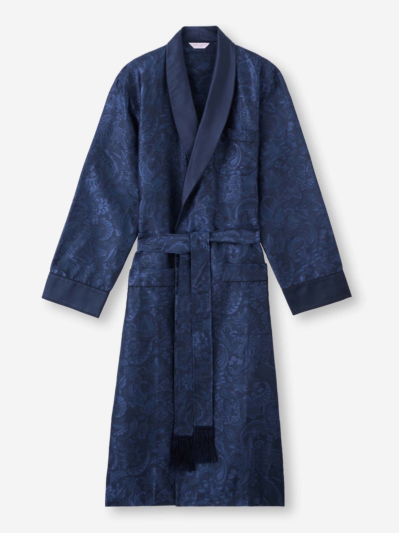 Men's Robe Silk Jacquard Navy Jungle Paisley Pattern - 1