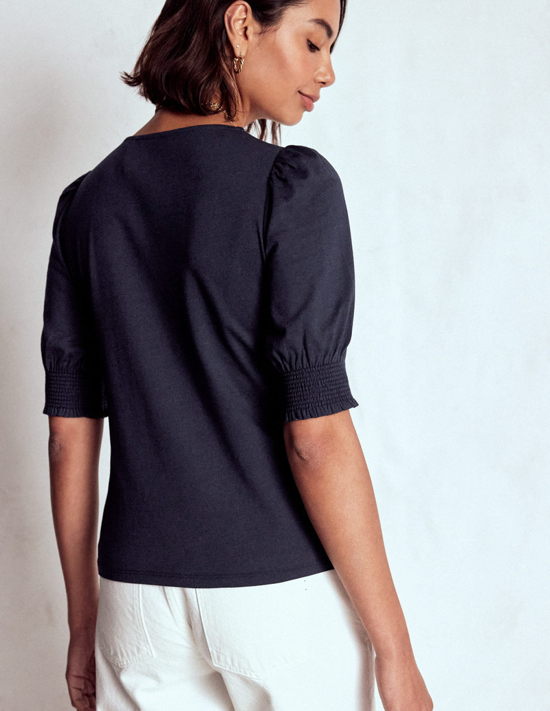 Short Sleeve Smocked Cuff Top-Navy 4