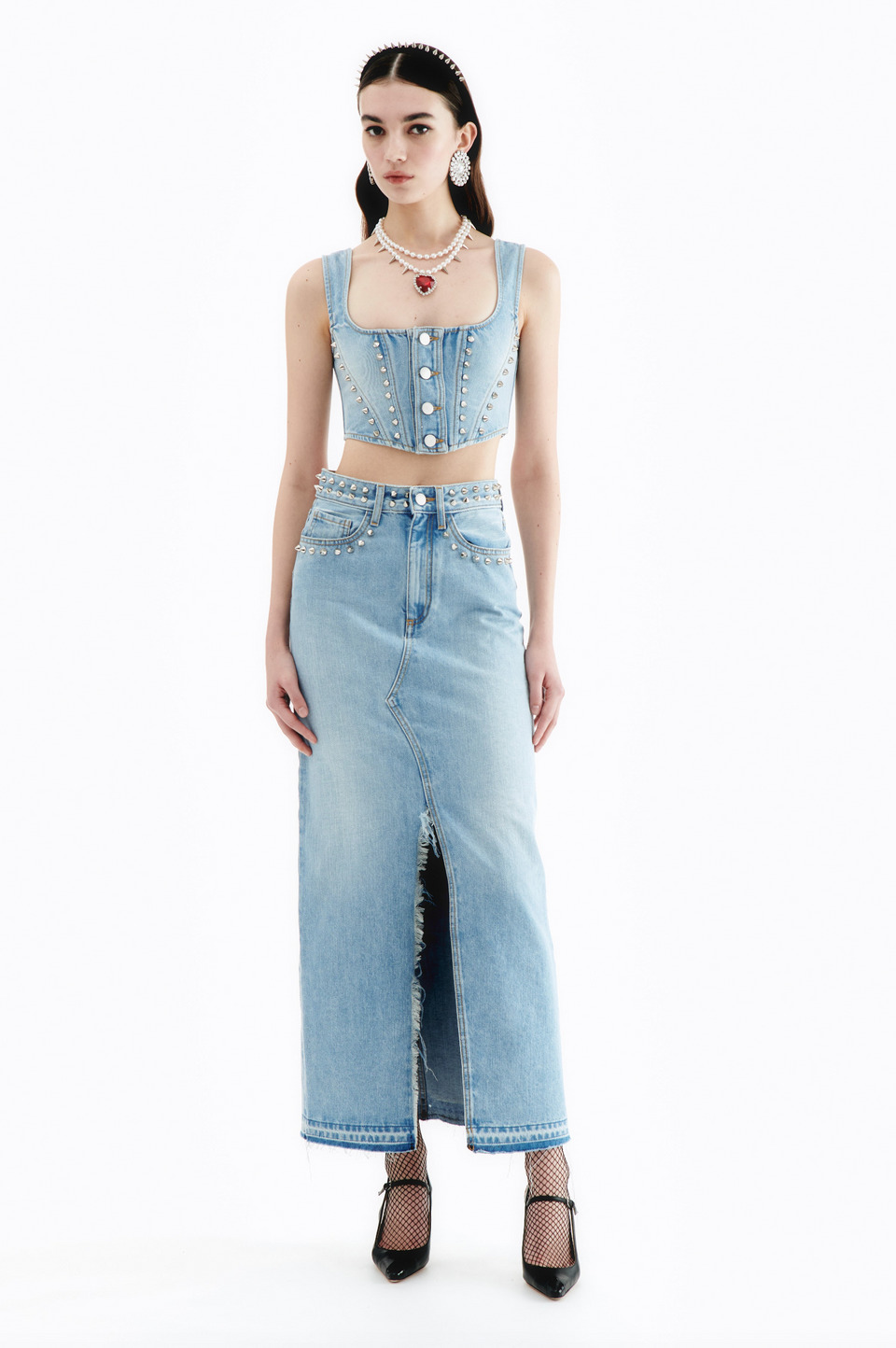 DENIM LONG SKIRT WITH EMBELLISHMENT - 4