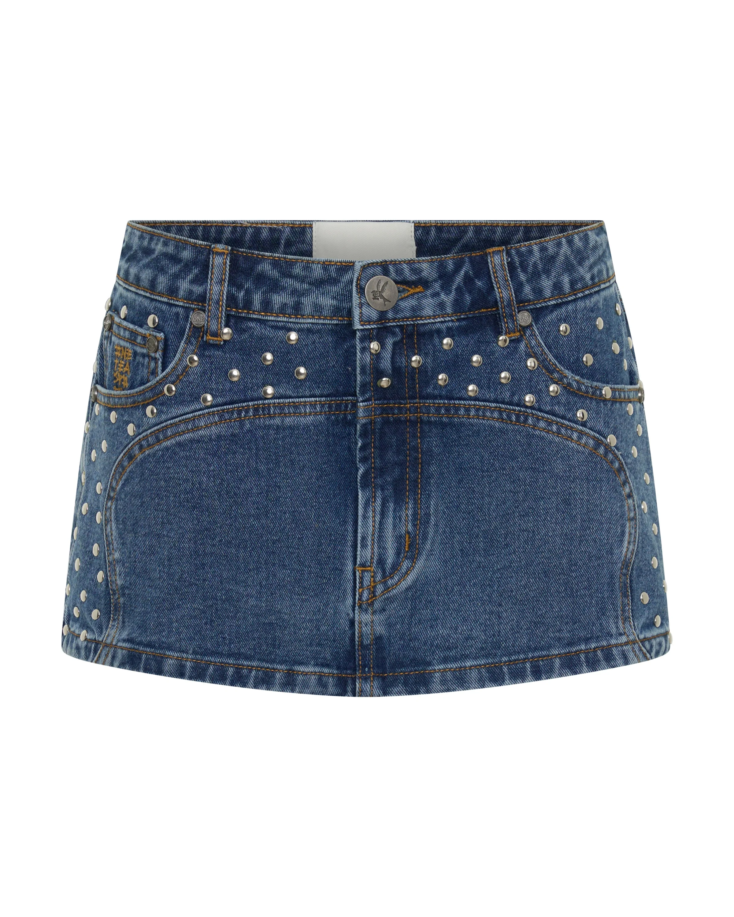 Chrome Edge Low Waist Studded Mini Denim Skirt - Eclipse Blue - 1
