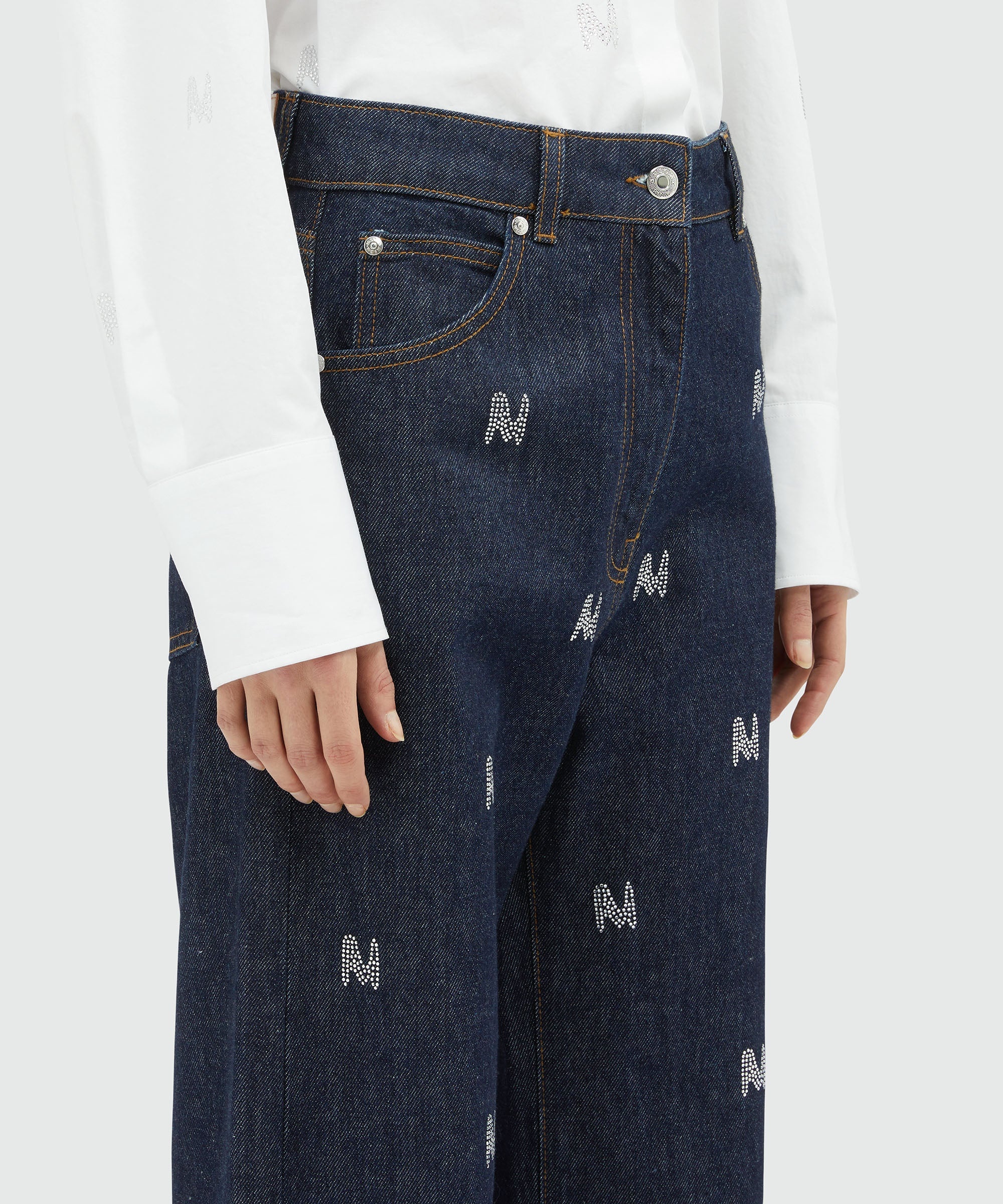 Wide-leg denim pants with  "TheMwave" motif - 5