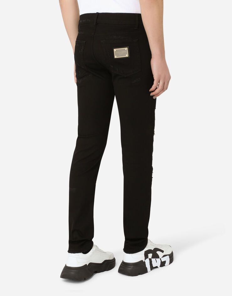 Black slim-fit stretch jeans with repaired rips - 5