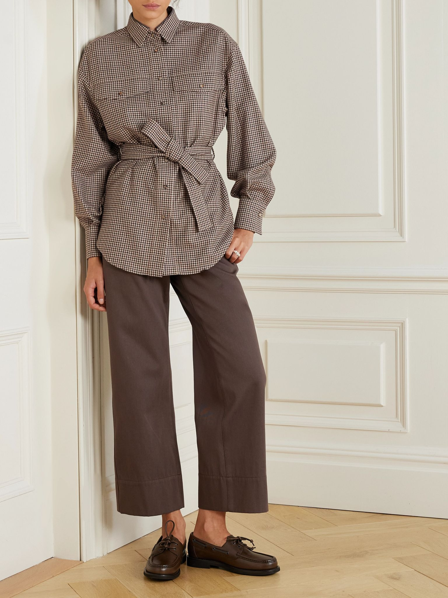 Belted bead-embellished checked wool shirt Beige - 2