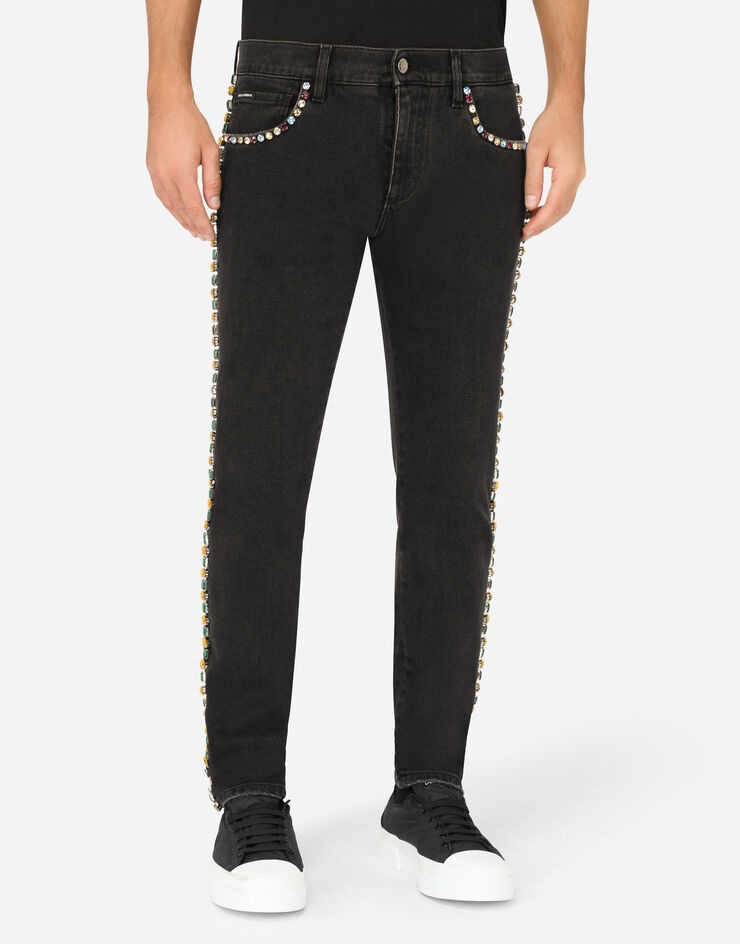 Black skinny stretch jeans with crystals - 4