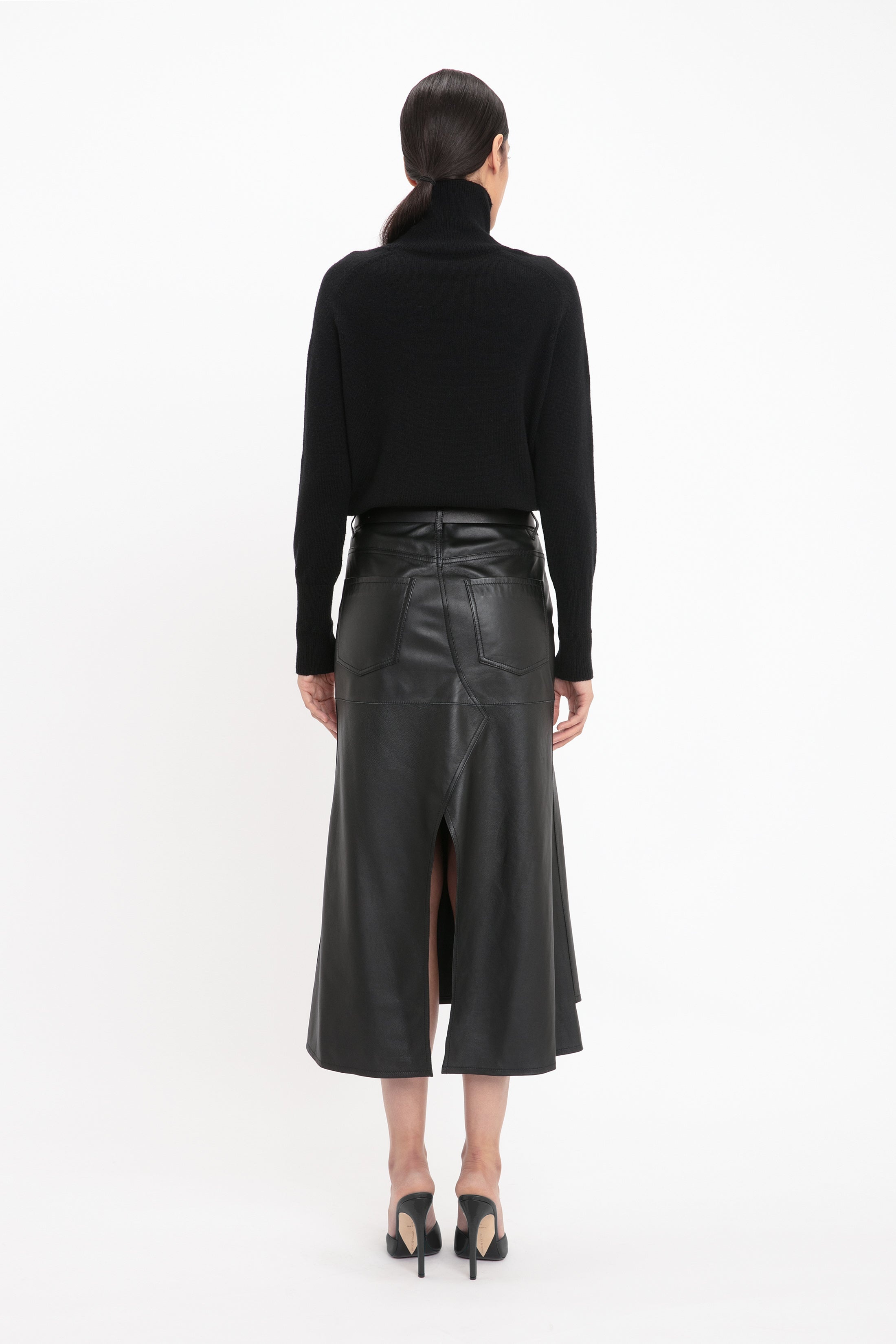 Panelled Flare Skirt In Soft Black Leather - 4