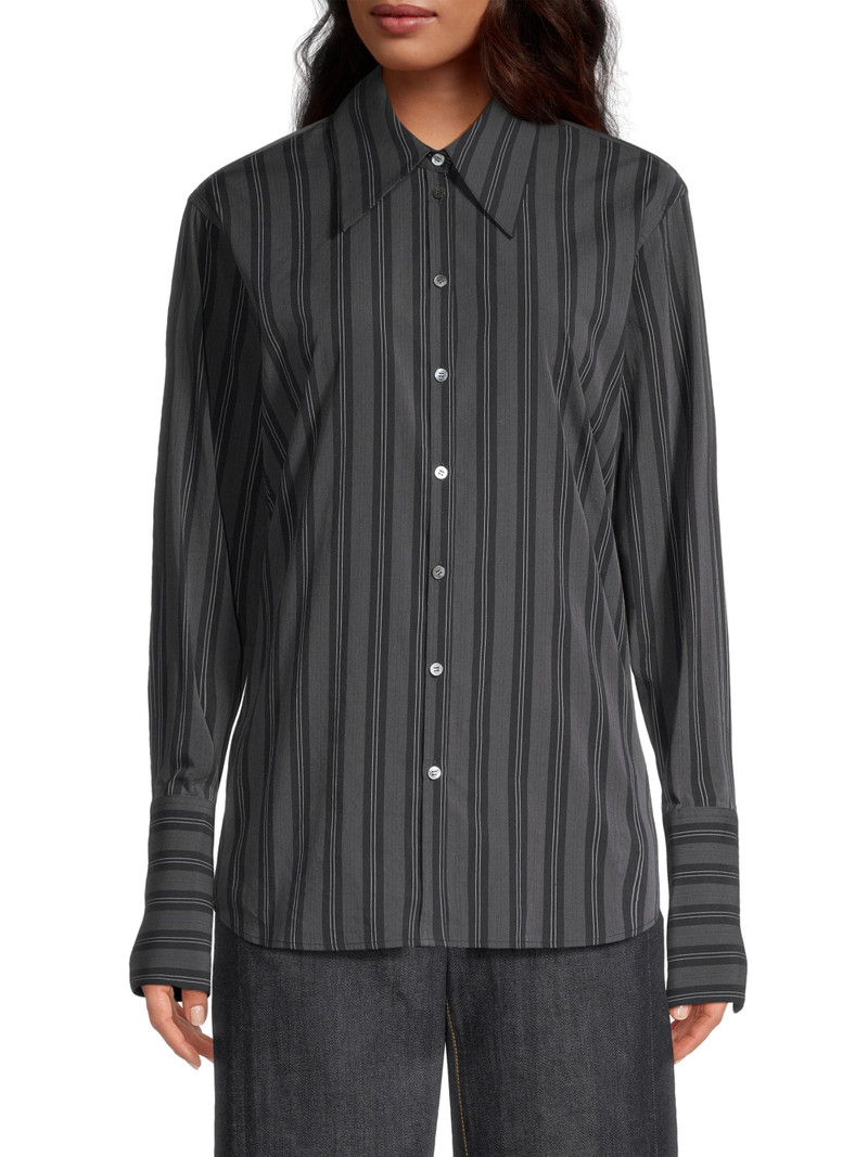 Women's Striped Long-Cuff Button-Up Shirt - Navy Blue 3