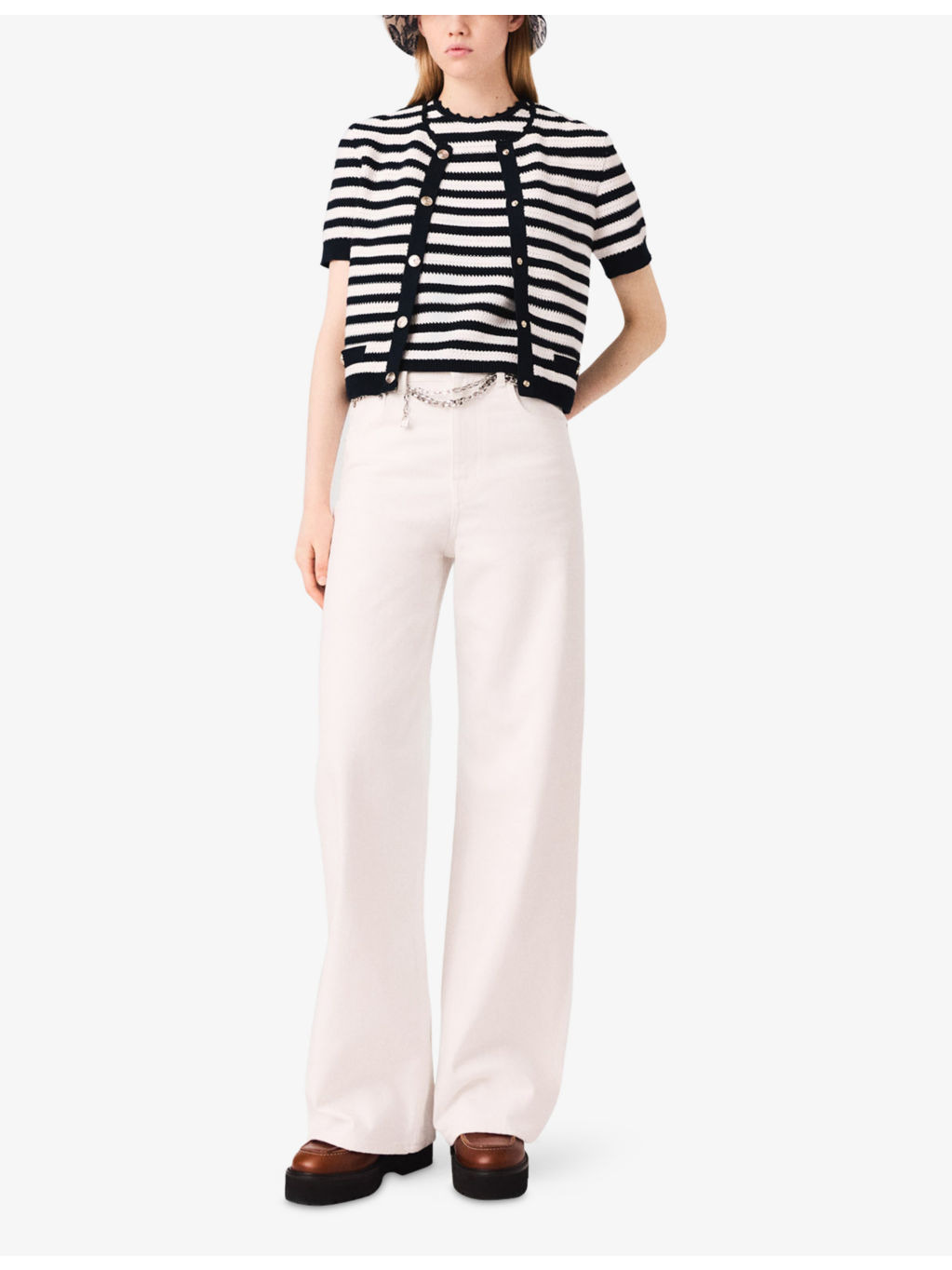 Round-Neck Striped Cropped Crochet Cardigan - 2