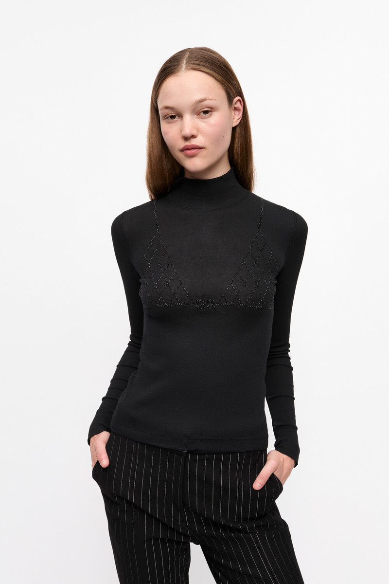 GANNI BLACK SOFT COTTON RIB RHINESTONE TOP outlook