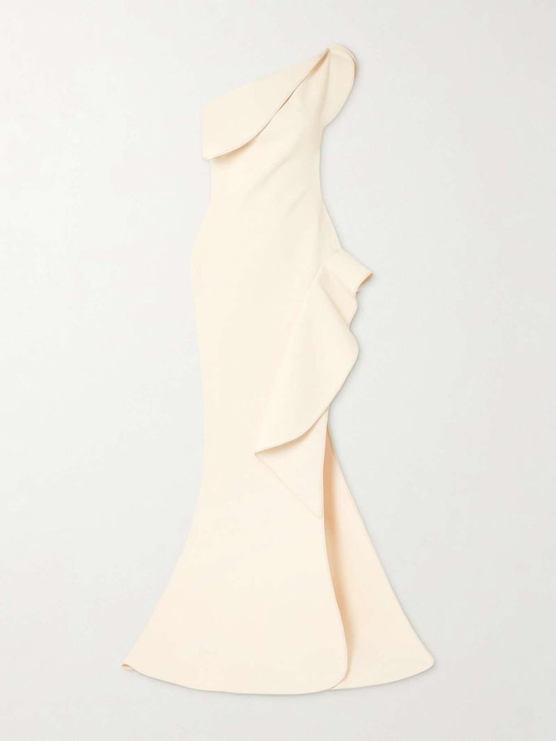 Provenance one-shoulder ruffled draped crepe gown 1