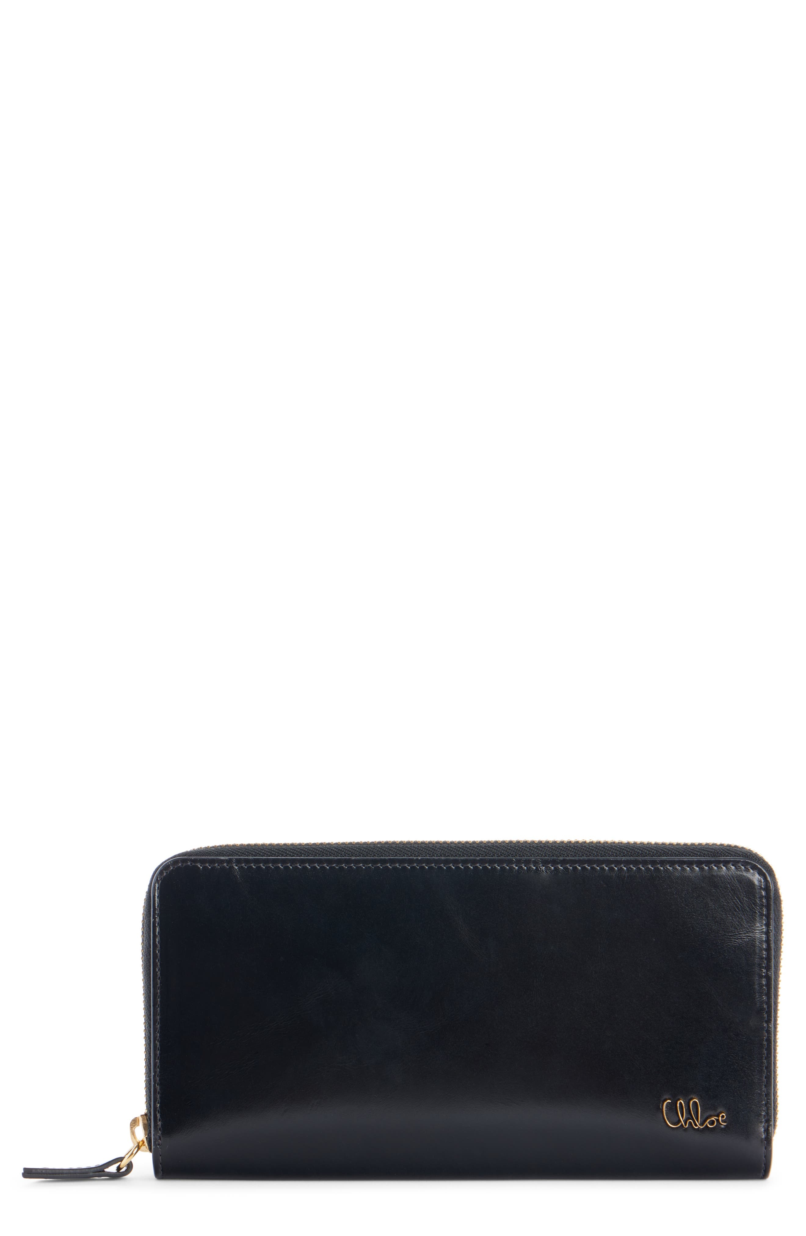 Chloé Iconic Shiny Leather Zip Long Wallet in Black at Nordstrom - 1