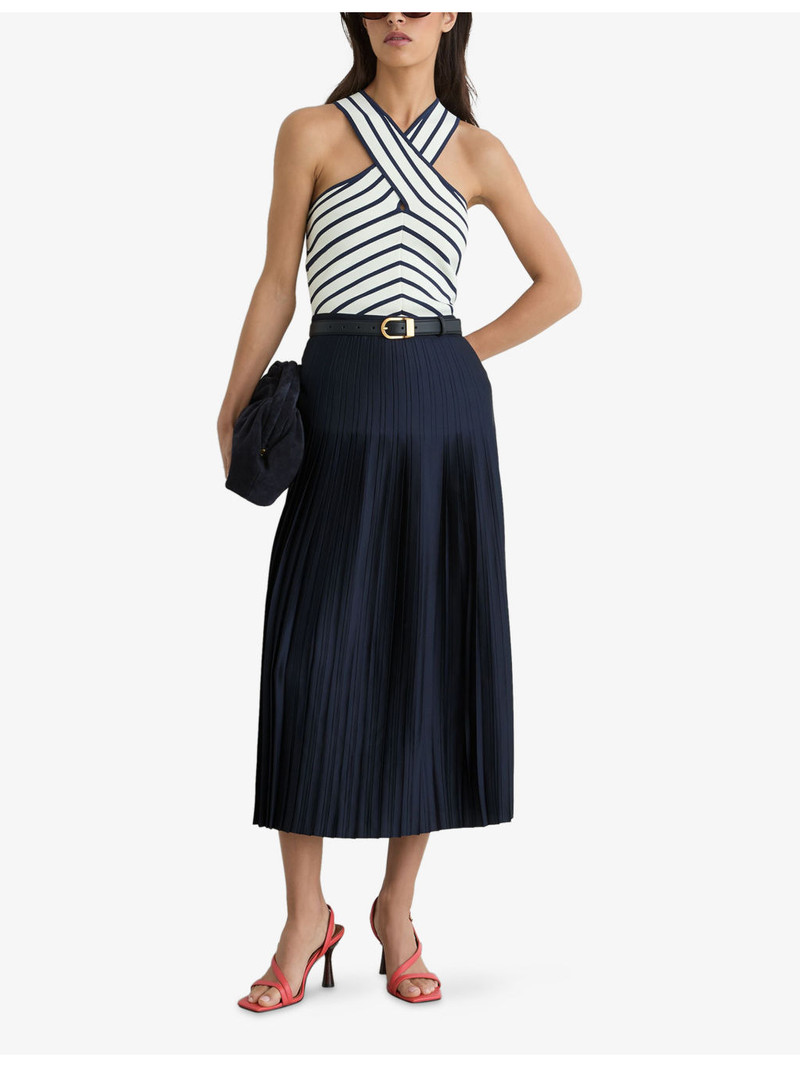 REISS Savannah Pleated Satin Midi Skirt outlook