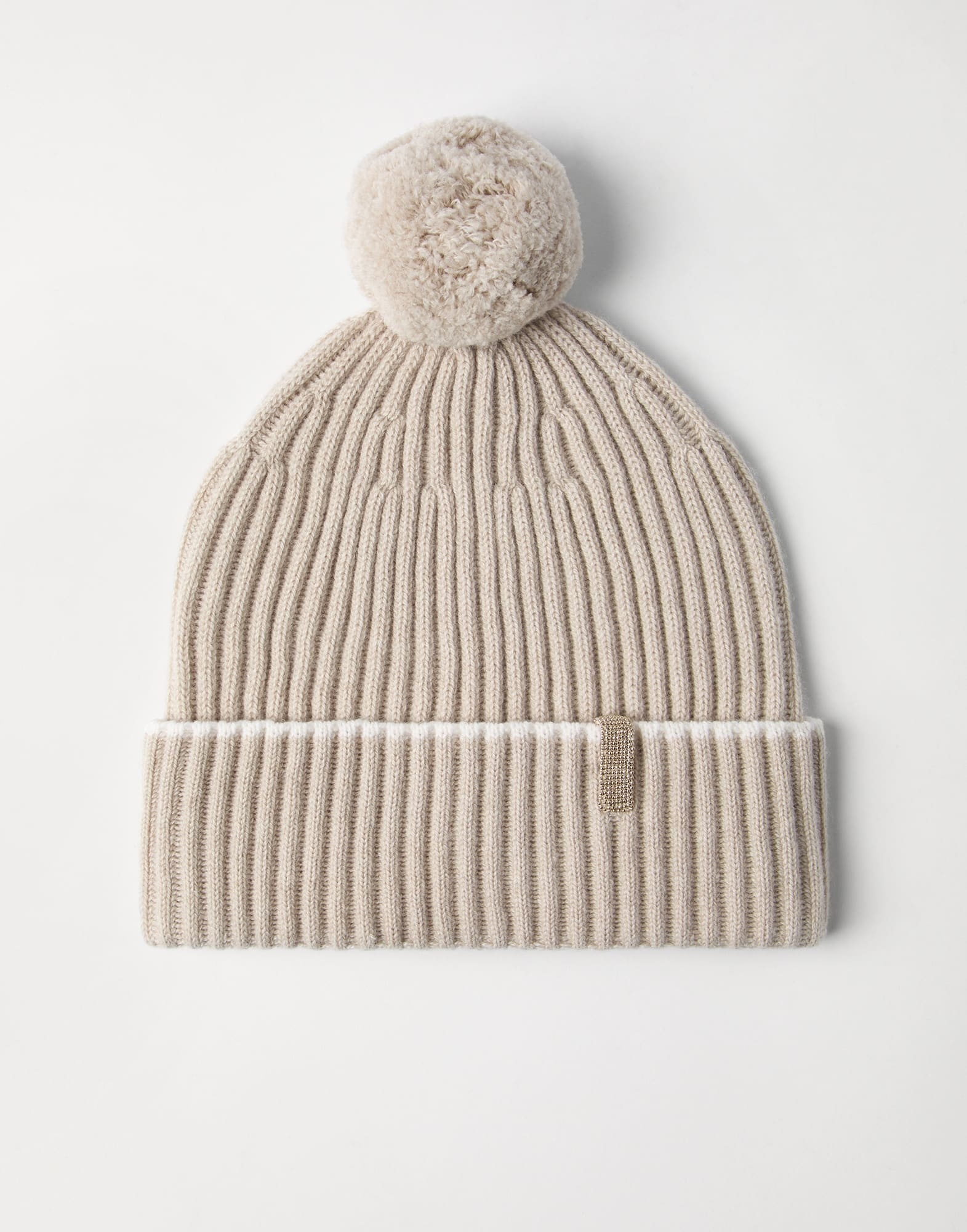 Cashmere rib knit beanie with pompom and monili - 1