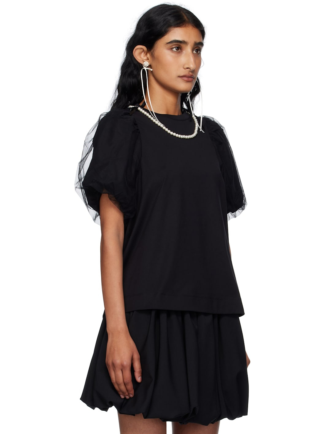 Black Embellished Tulle Overlay Puff Sleeve T-shirt - 2
