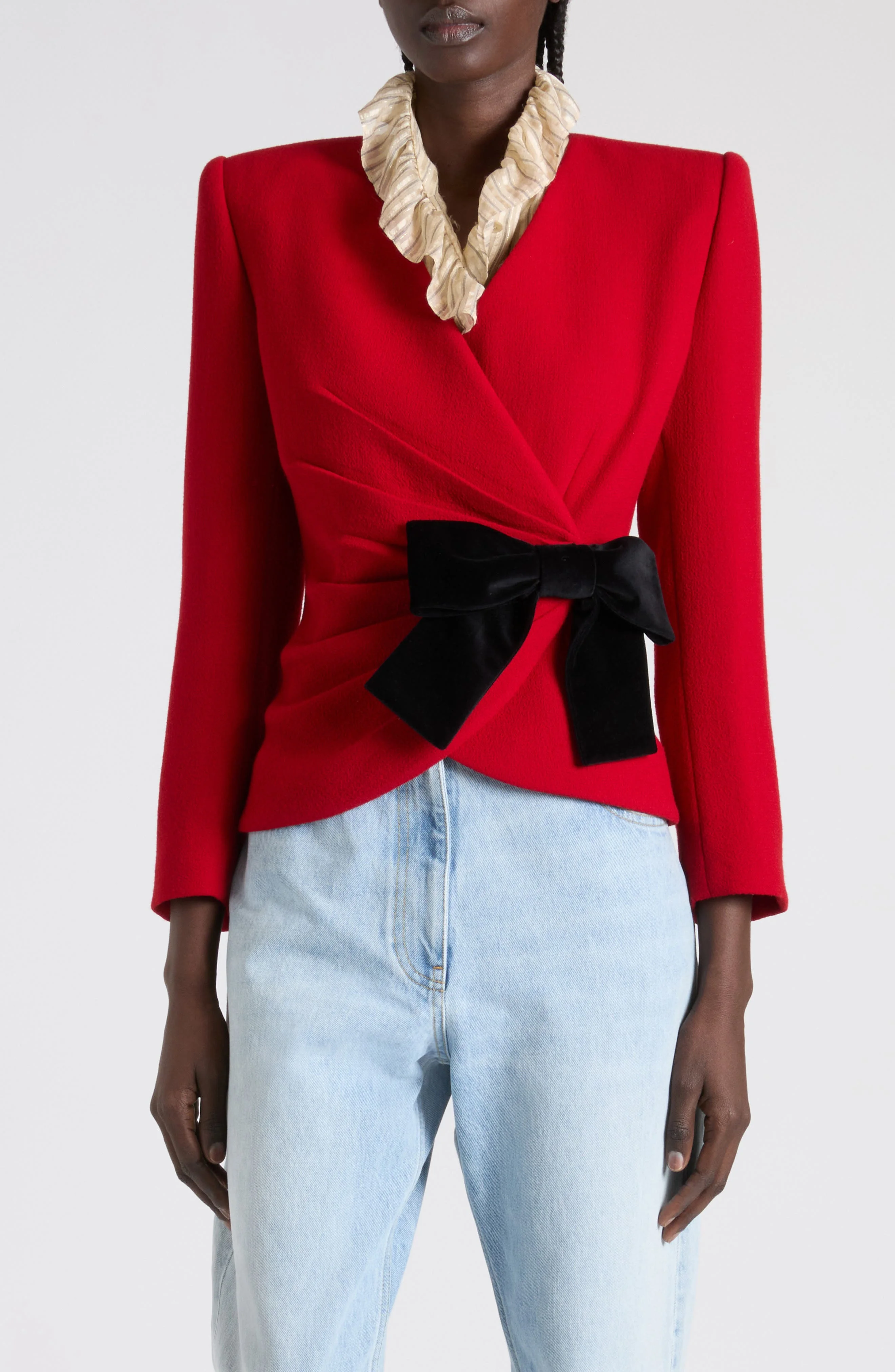 Valentino Bow Detail Virgin Wool Crepe Jacket in Red at Nordstrom - 1