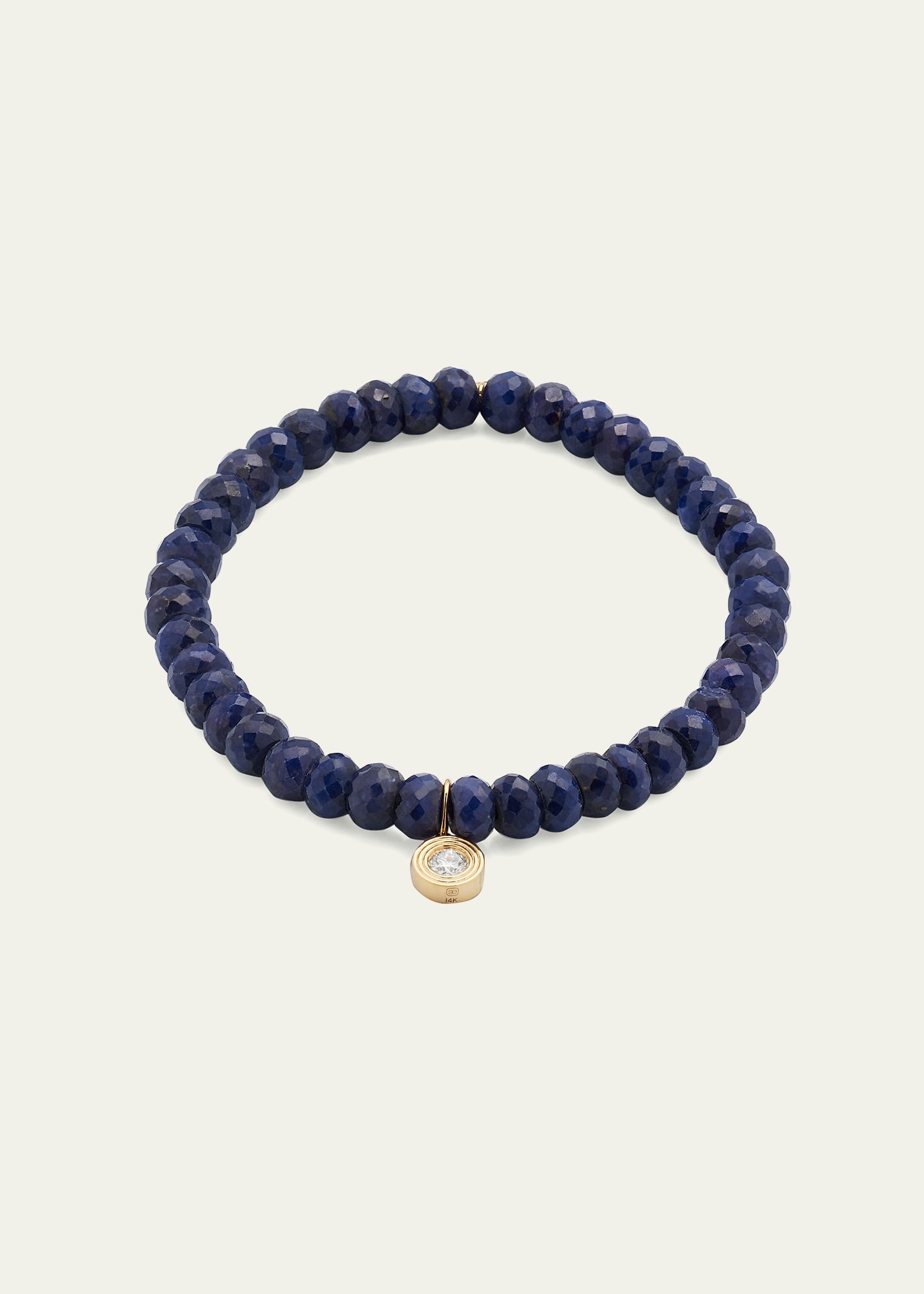 14K Gold Fluted Diamond Charm on Blue Sapphire Rondelle Bead Bracelet - 4