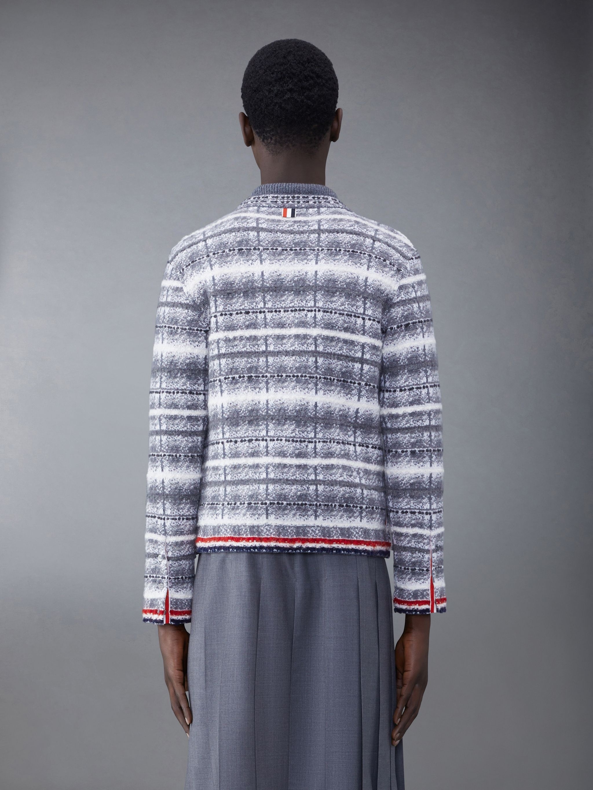 Tb Tartan Check Inlay Jacquard Classic V Neck Cardigan in Merino Wool & Mohair W/ Rwb Stripe - 3