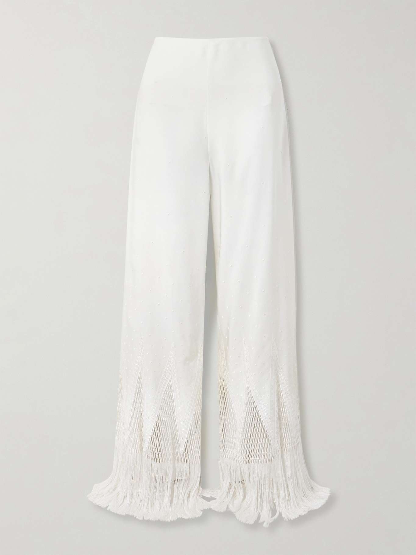 Fringed macramé-trimmed embroidered satin wide-leg pants - 1