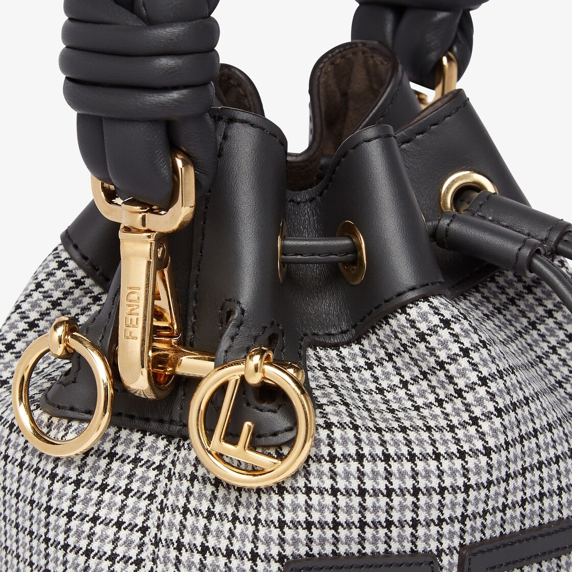Small Mon Tresor bucket bag made of gray houndstooth wool with FENDI ROMA lettering and black leathe - 5
