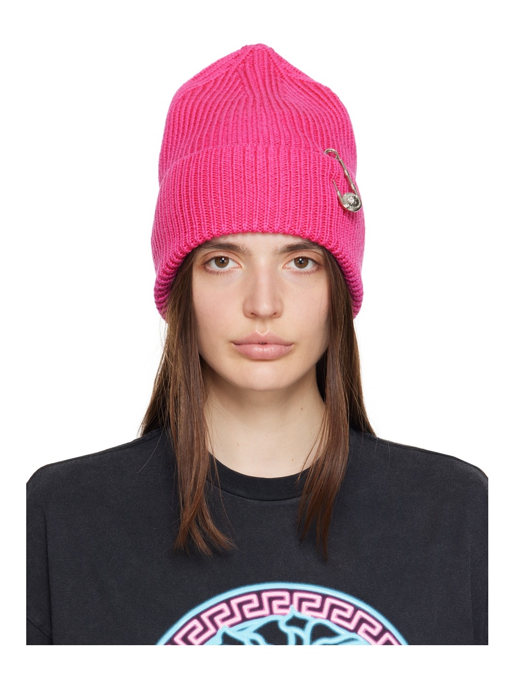 VERSACE Pink Safety Pin Beanie ssense REVERSIBLE
