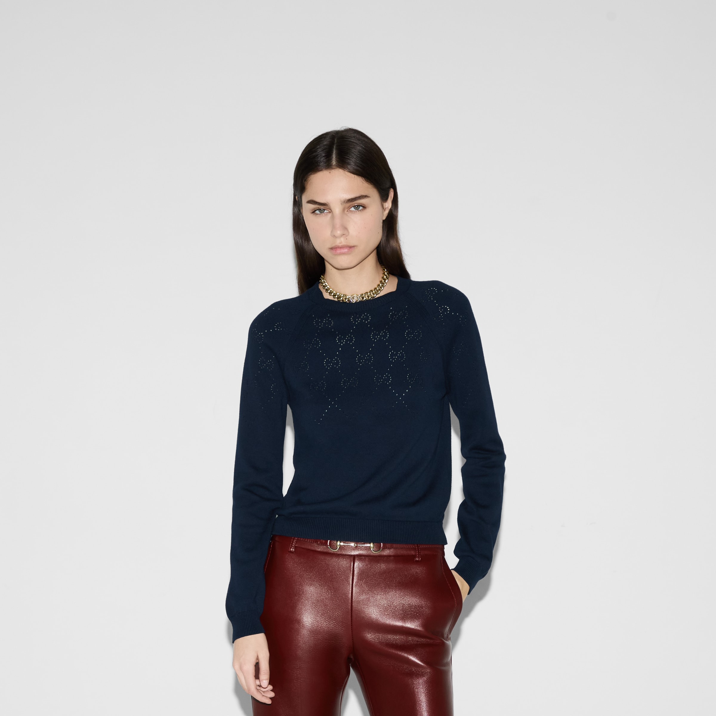 Cotton crewneck top with GG argyle - 3