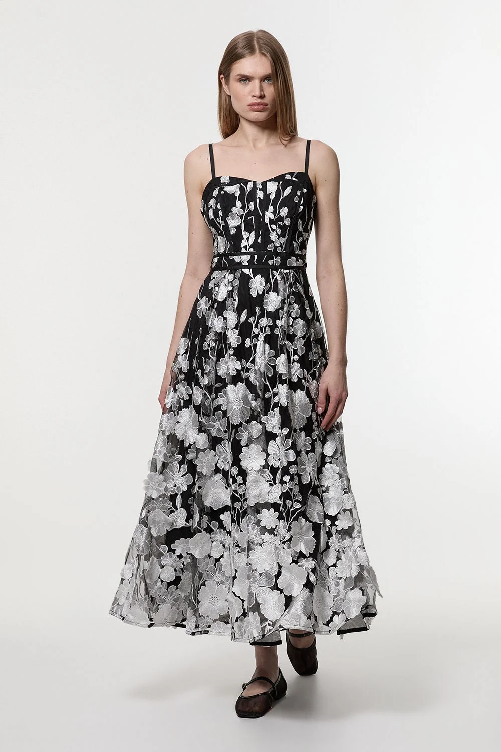 Floral Applique Corset Detail Woven Midi Dress - 1