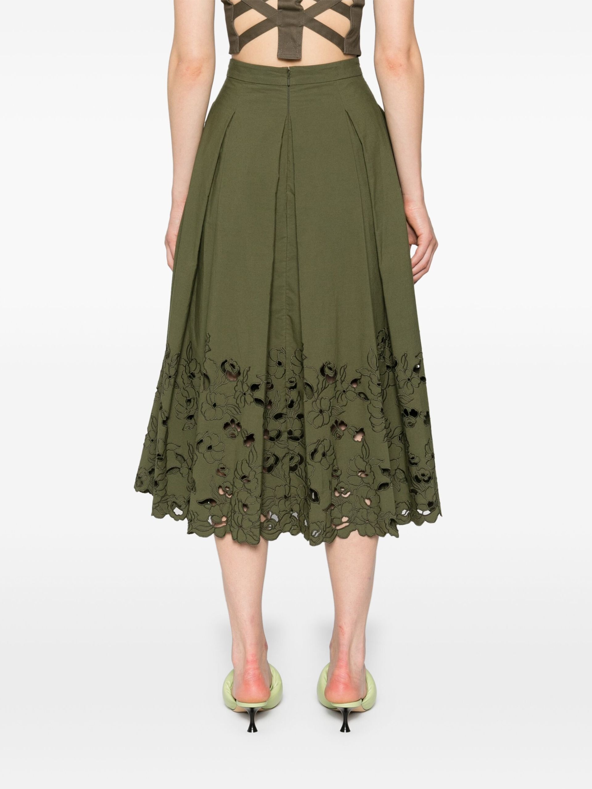 Green Floral-Embroidered Midi Skirt - 4