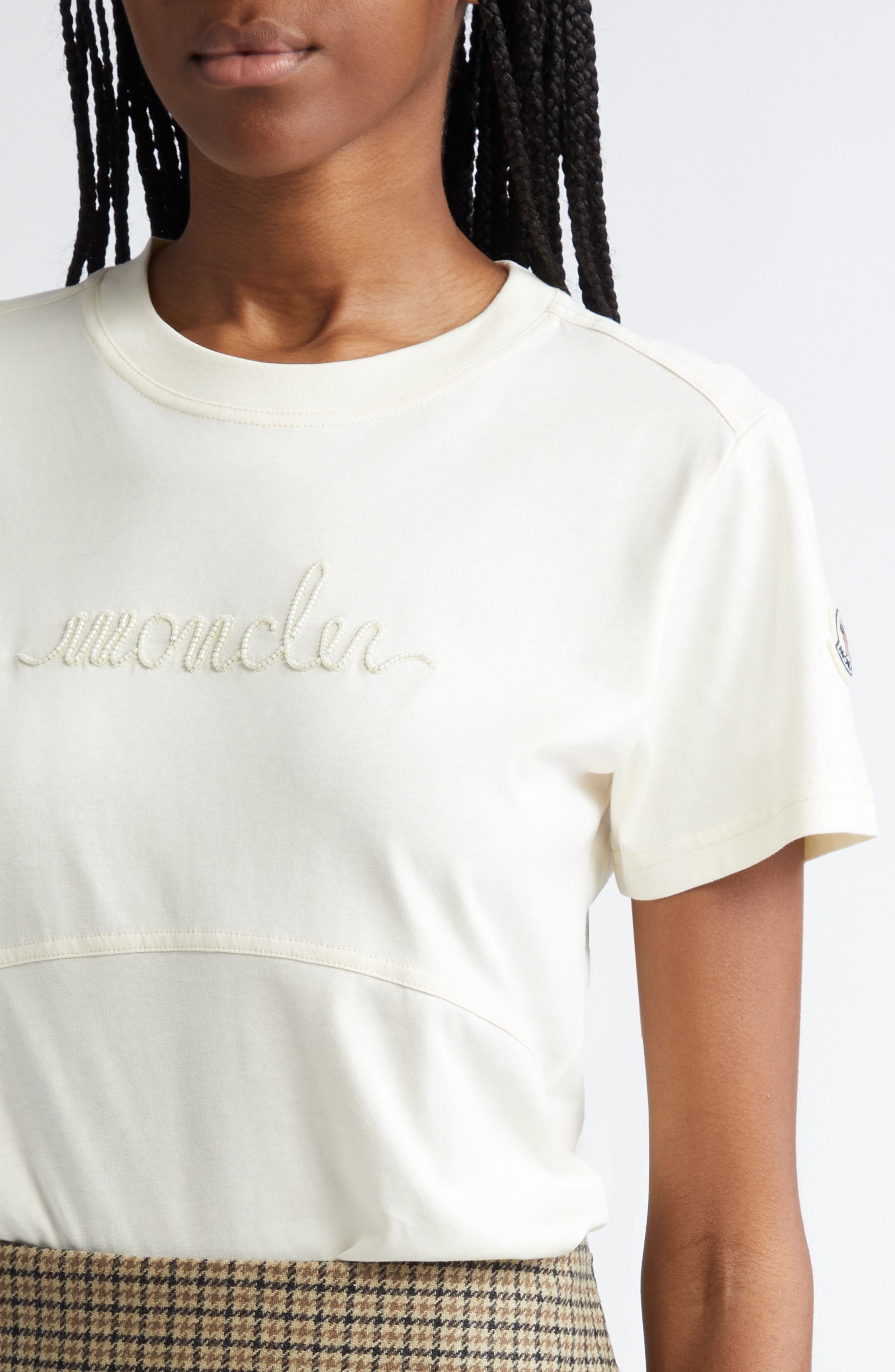 Moncler Logo Embroidered Cotton T-Shirt in White at Nordstrom - 4