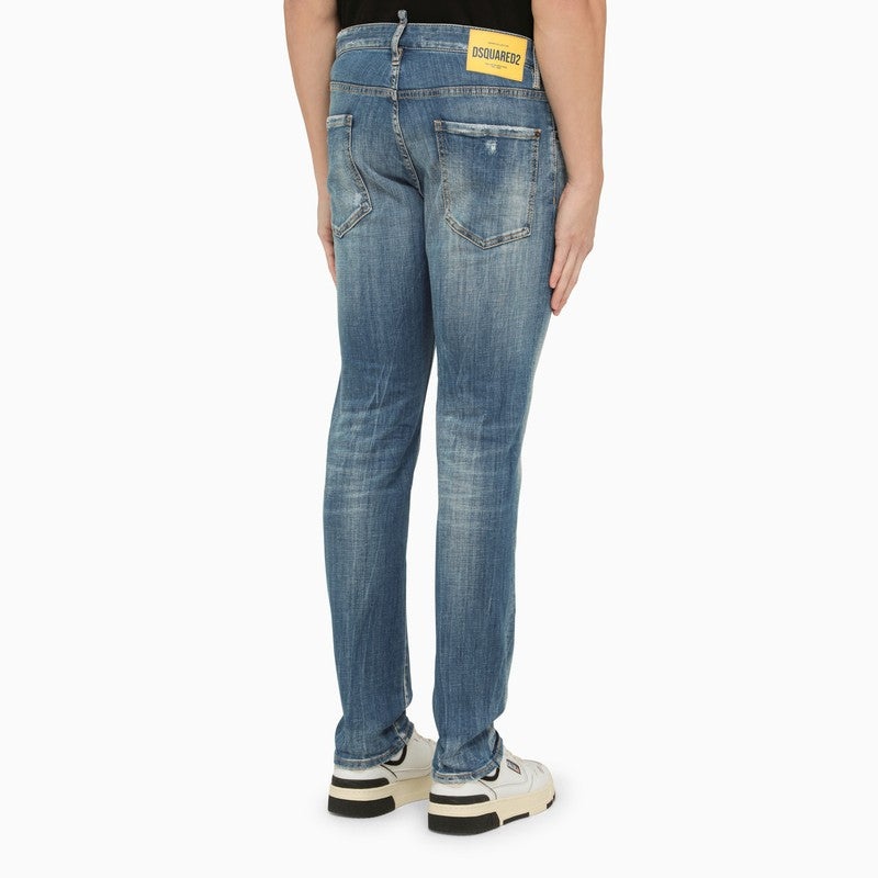 REGULAR BLUE WASHED DENIM JEANS WITH WEAR - 4