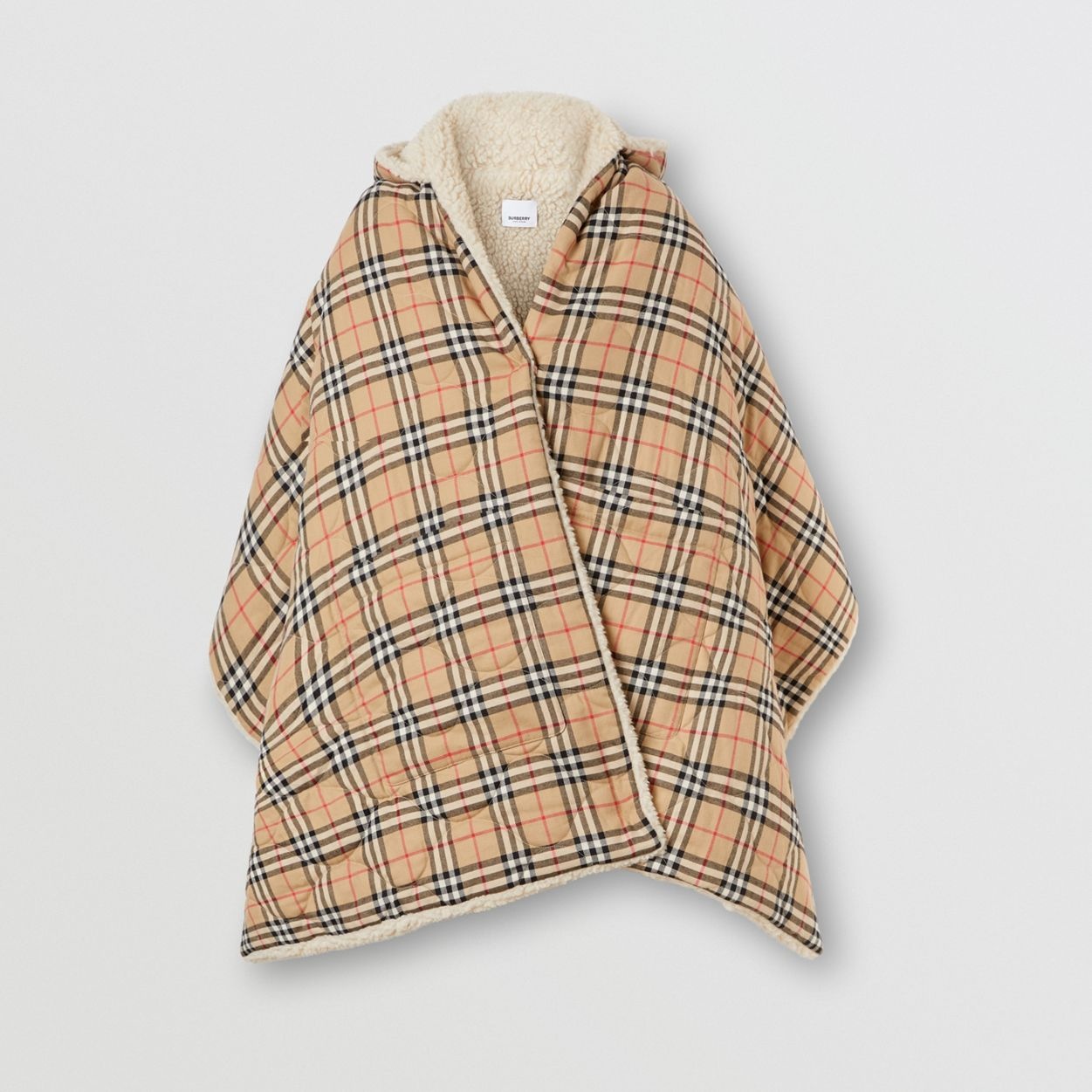 Fleece-lined Vintage Check Cotton Hooded Cape - 1