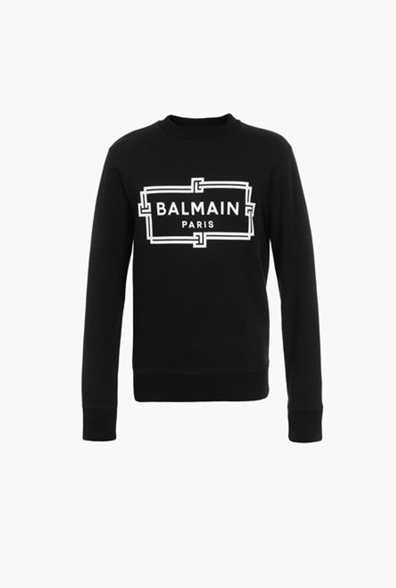 Black and white cotton sweatshirt with flocked white Balmain logo 1