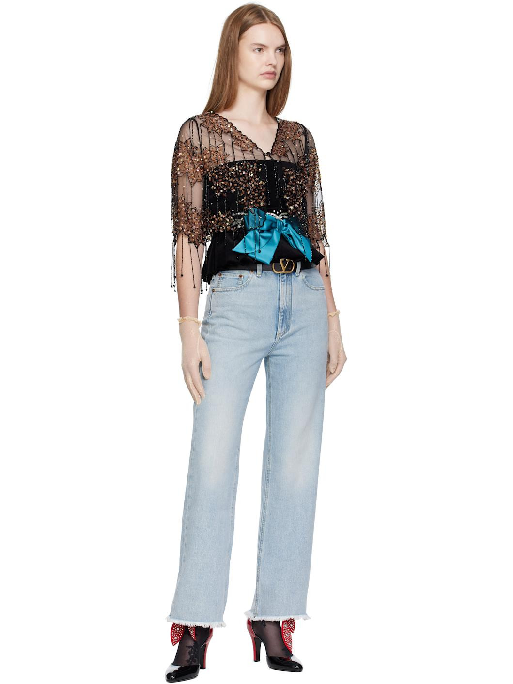 Blue Frayed Cuff Jeans - 5