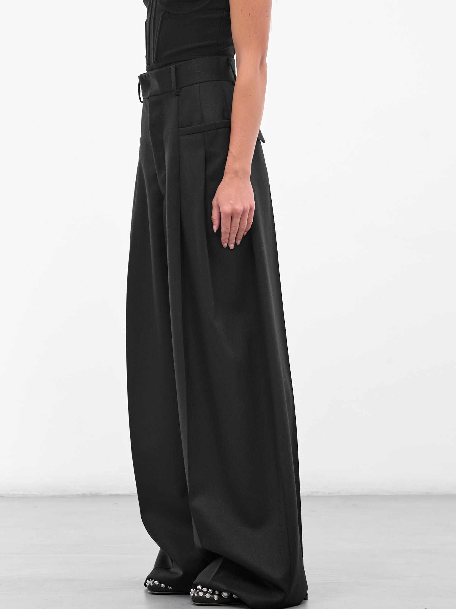 Black Wool Wide Leg Trousers - 2